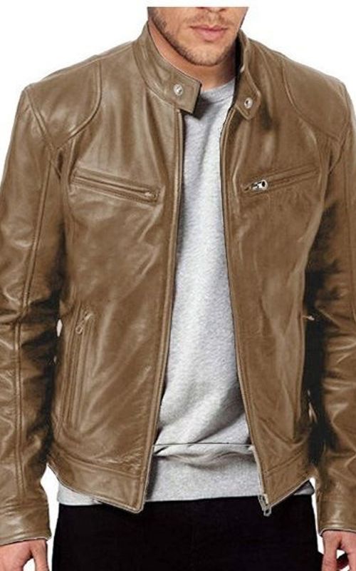 Men Winter Leather Jacket Long Sleeve Zipper Slim Biker Coat Stand Collar Casual Outerwear