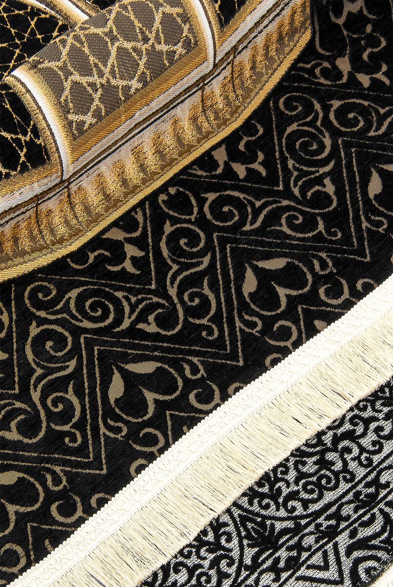 Ultra Luxury Black Chenille Prayer Rug with Makam-ı Ibrahim Model Muslim Islamic Holy