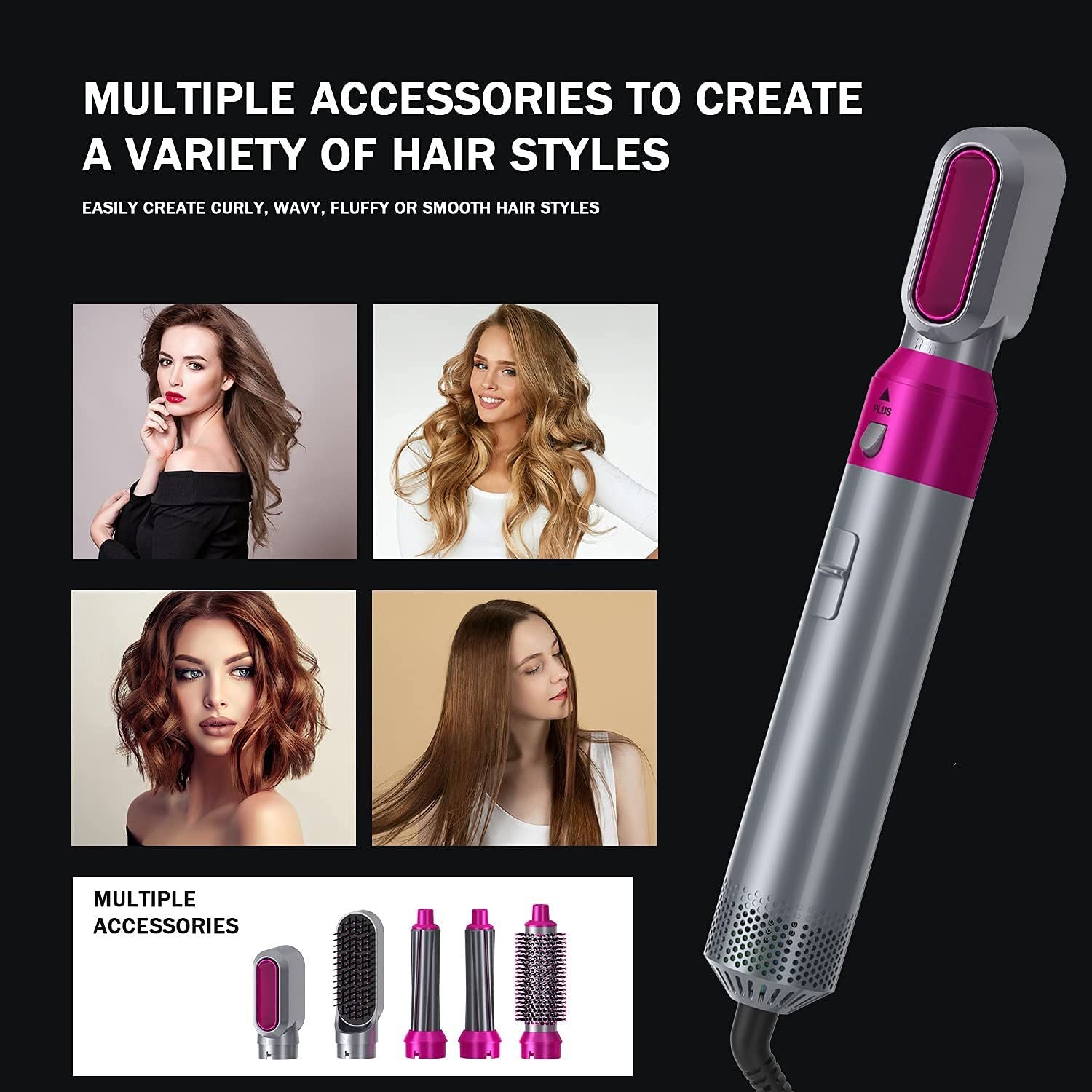 Multifunction 5 in 1 Hair Dryer Brush Multiple Brush Head Curling Hair Dryer