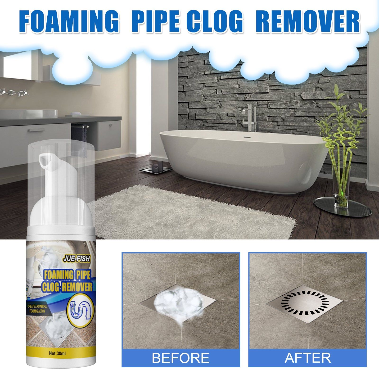 Effective Foam Remover for Household Plumbing, Clog & Odor Eliminator, Easy to Use ,30ml