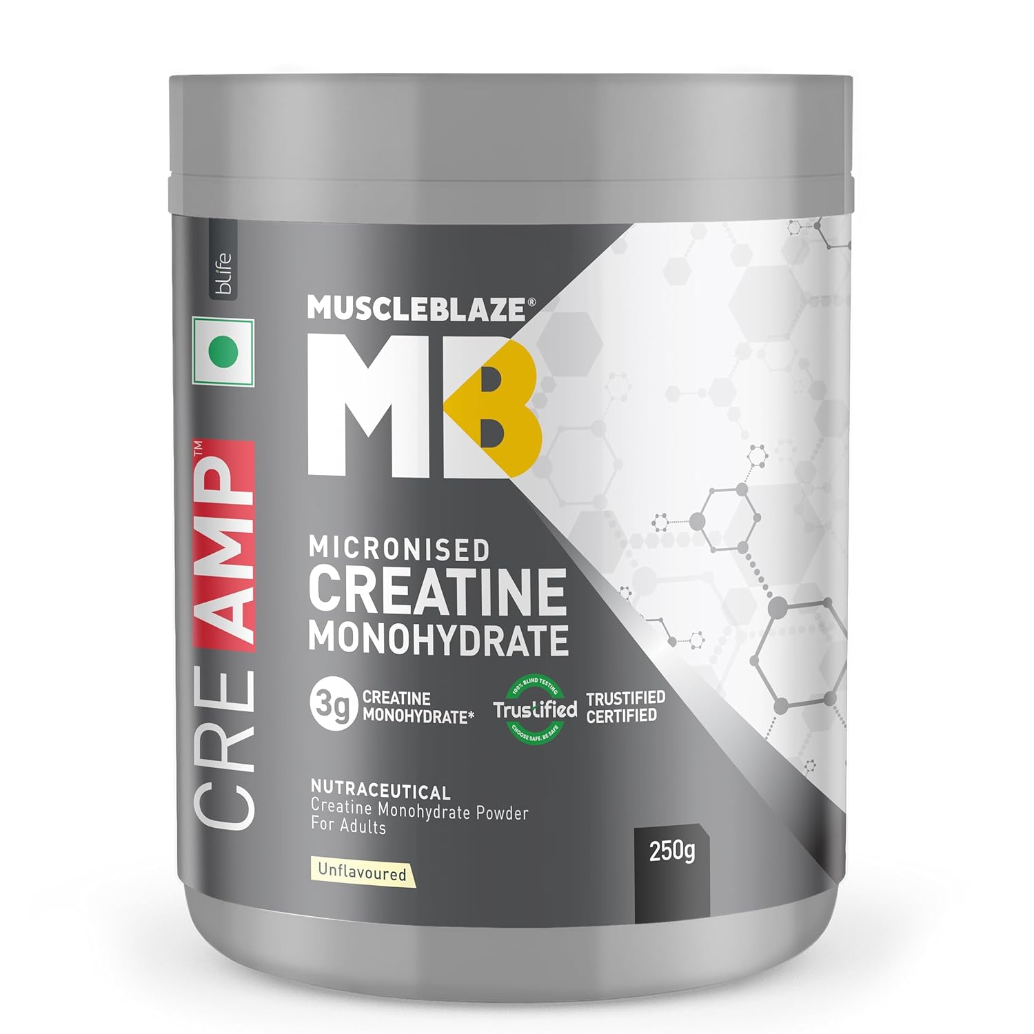 MuscleBlaze Creatine Monohydrate (Unflavoured, 0.55lbs / 250g) 50 Servings