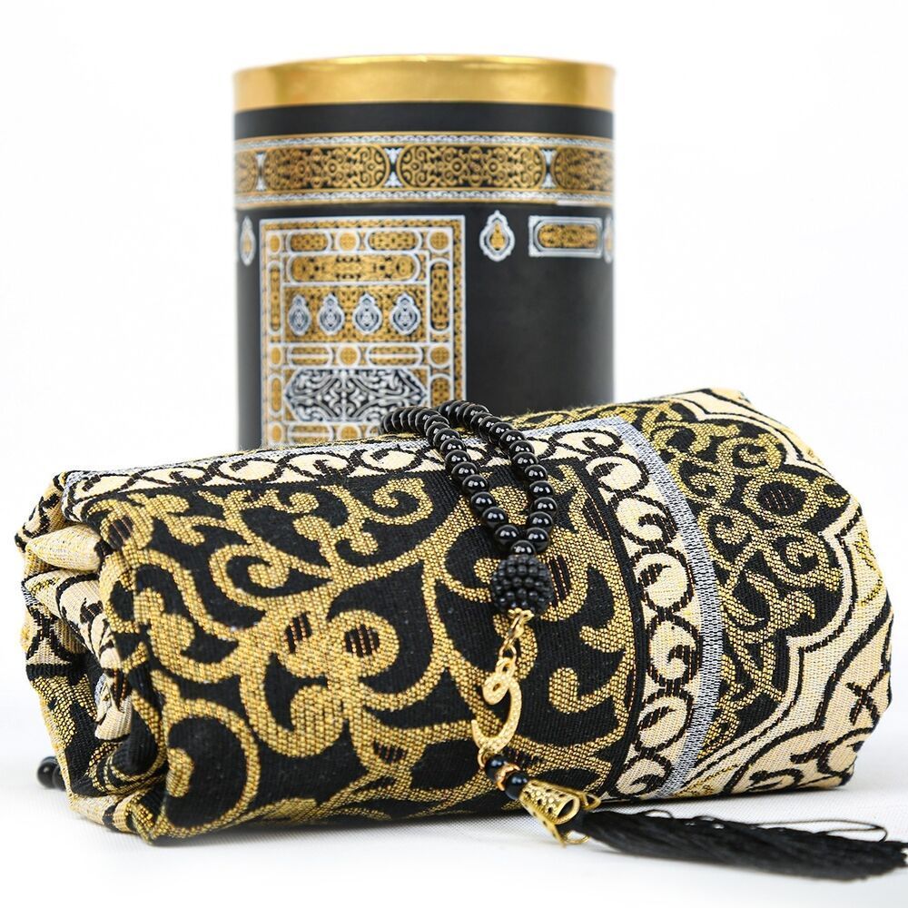 Gift Kaaba Prayer Rug With Cylinder Box , Set With Pearl Rosary