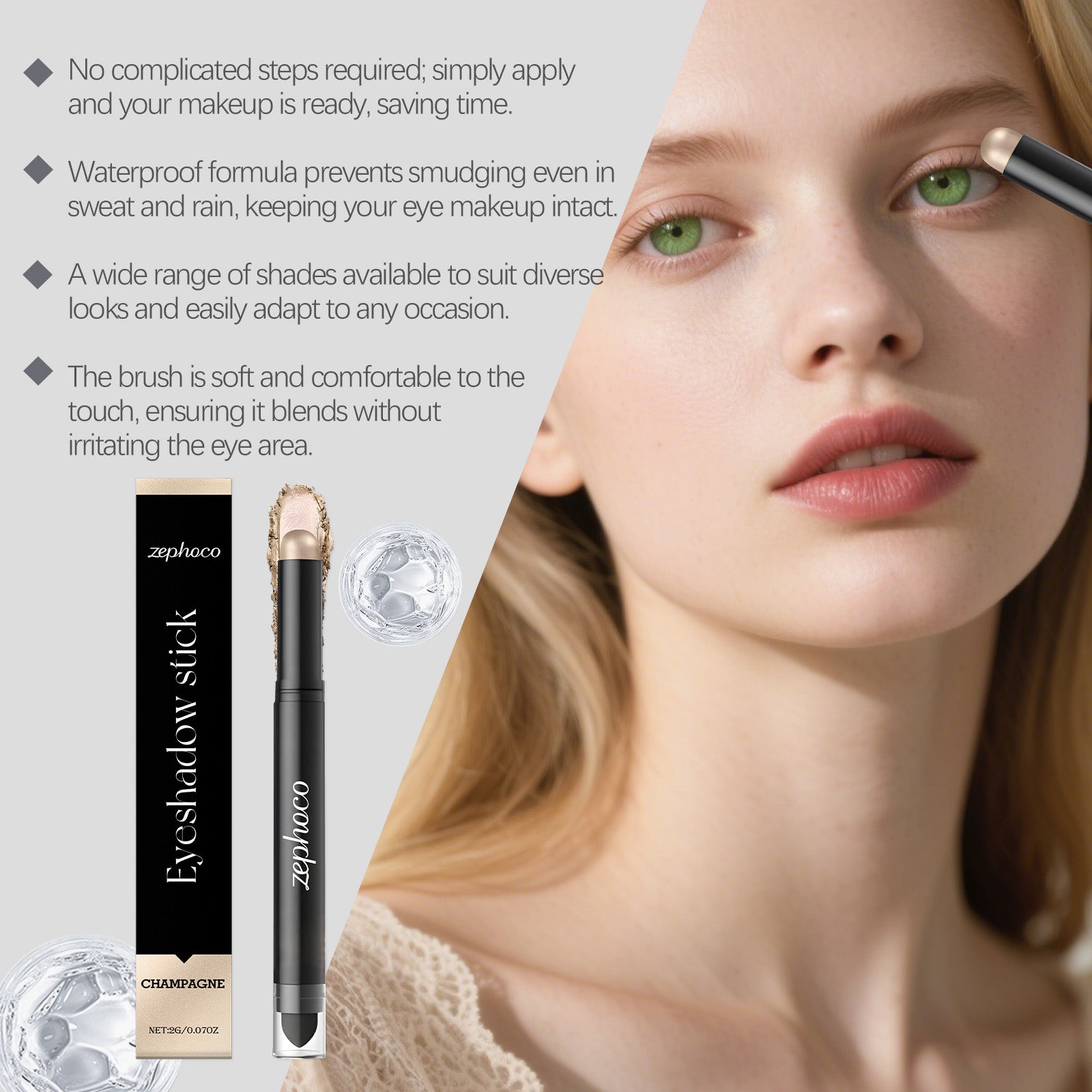 Champagne Eyeshadow Stick, Long-lasting Eye Makeup, Brighten & Define Eyes ,2g