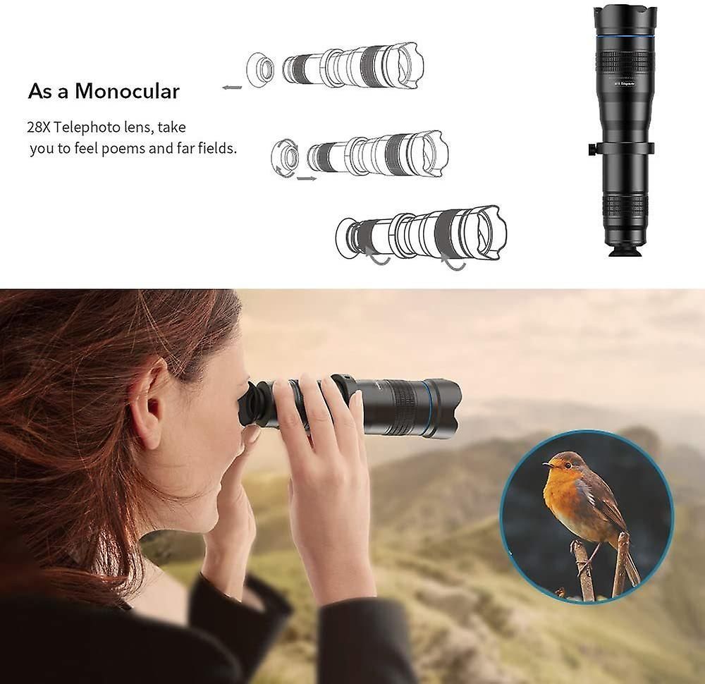28X HD Telephoto Cell Phone Lens with Shutter for iPhone, Samsung, Huawei, Xiaomi - Universal Long-Focus Metal Monocular Telescope