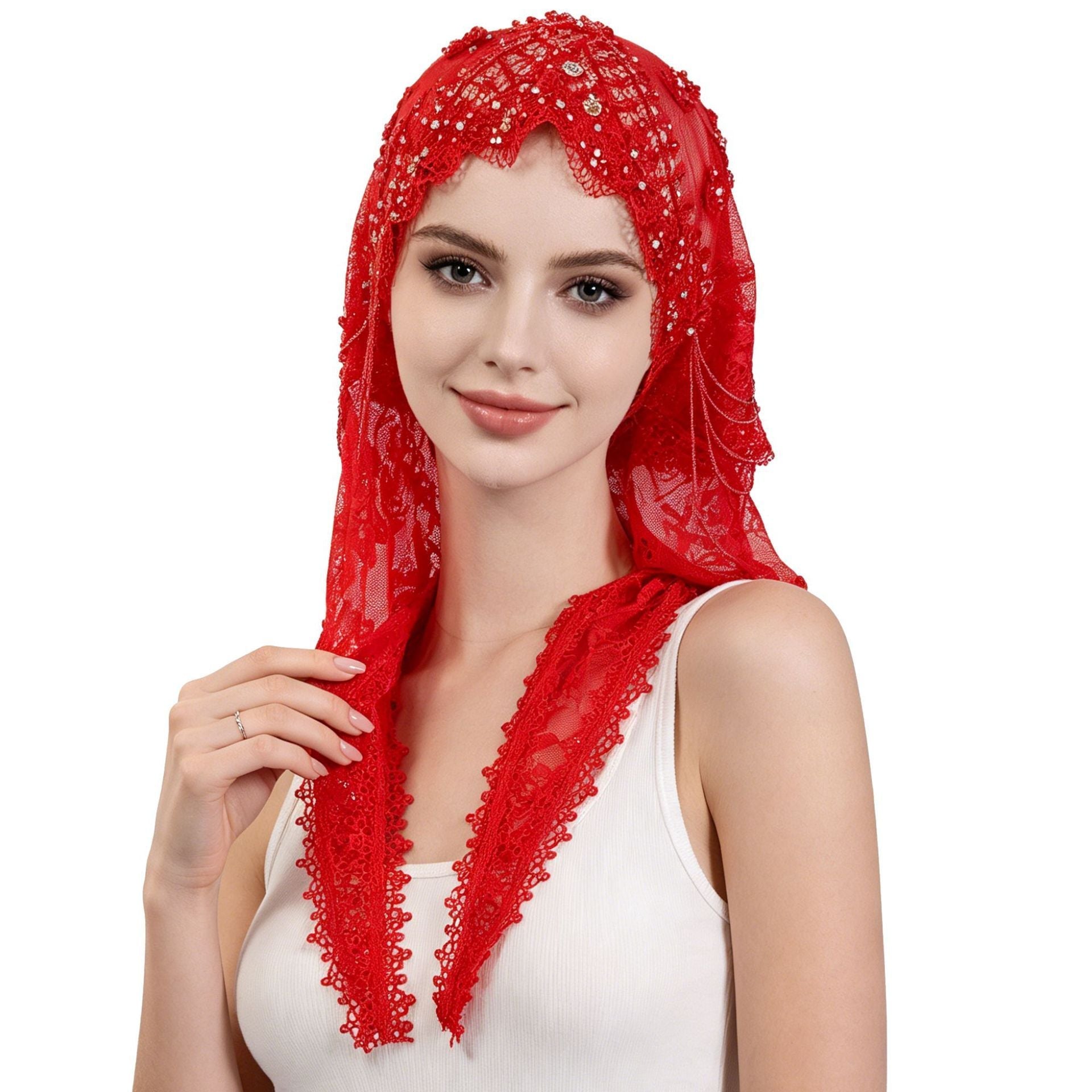 Lace Embroidered Hijab Scarf with Beads for Women