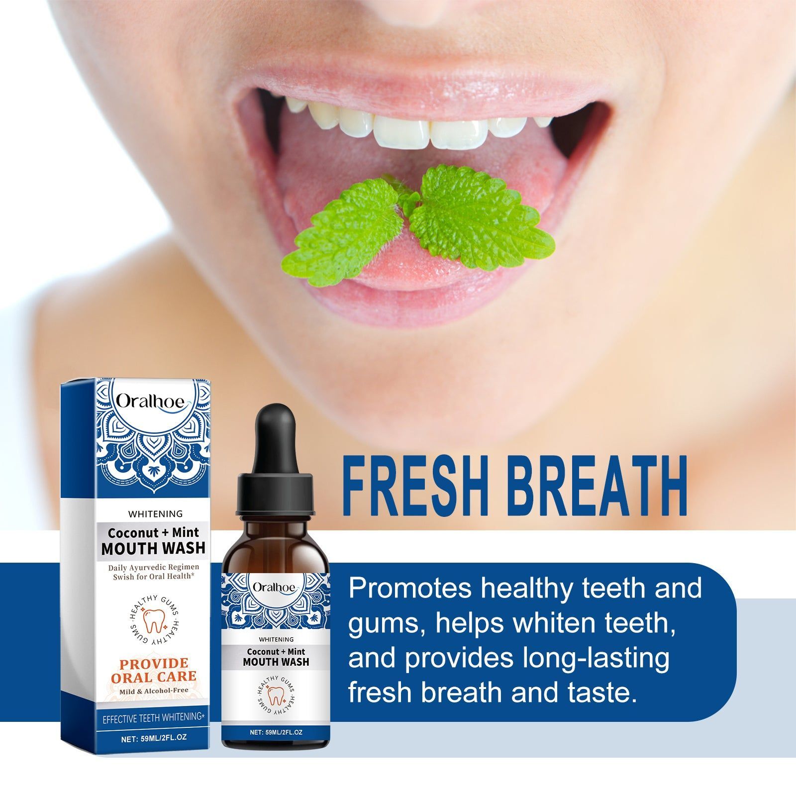 Coconut Mint Oral Odor Treatment Spray, Fresh Breath, Teeth Whitening, Plaque Removal ,59ml