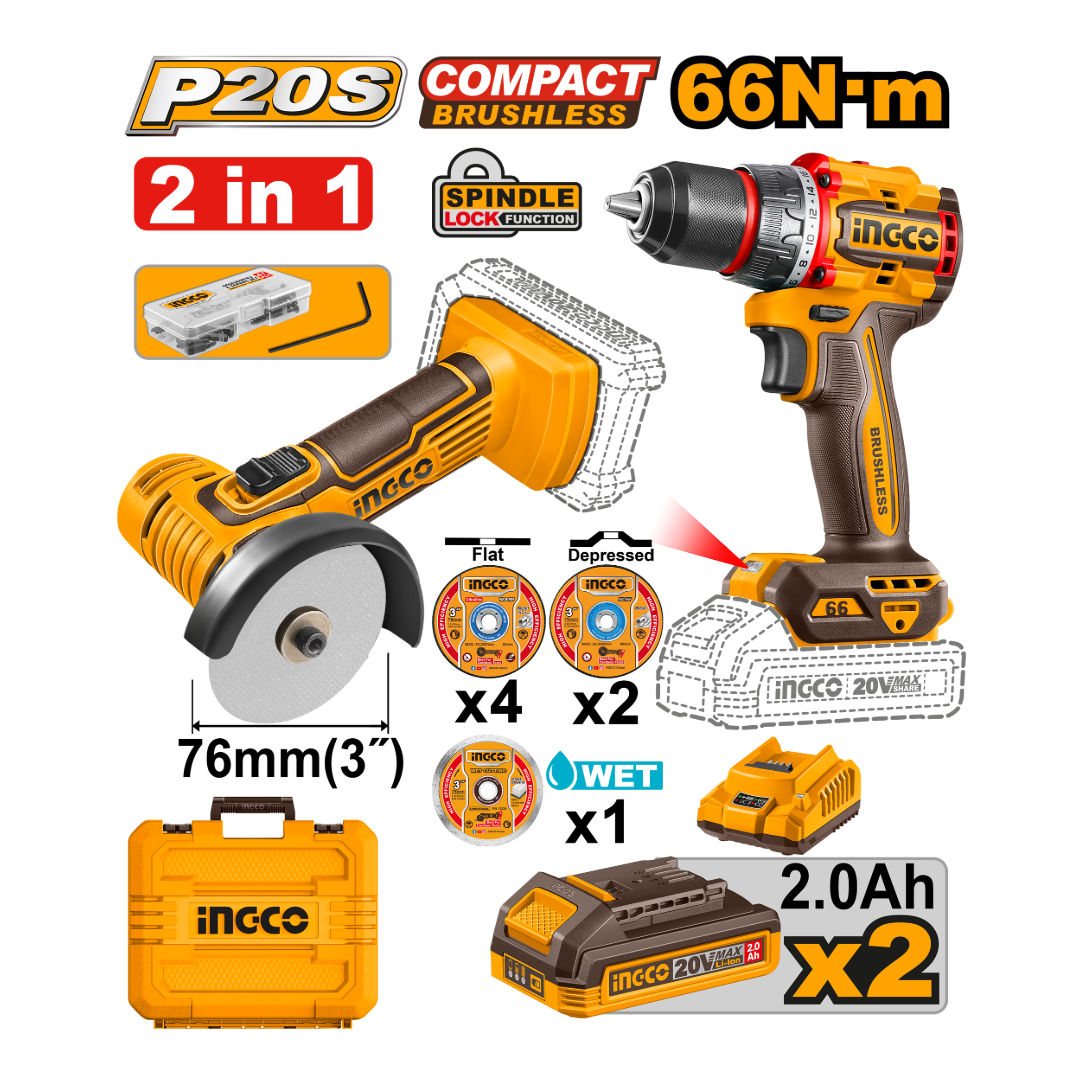 INGCO 2-Piece Combo Mini Cut-Off Tool + Brushless Drill, 20V