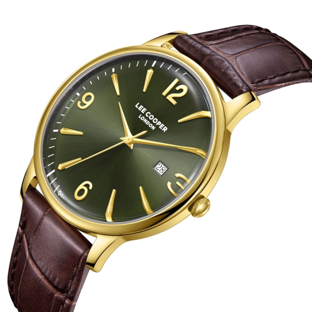 Lee Cooper Men's Green Dial Brown Leather Band Watch, LC08379.172