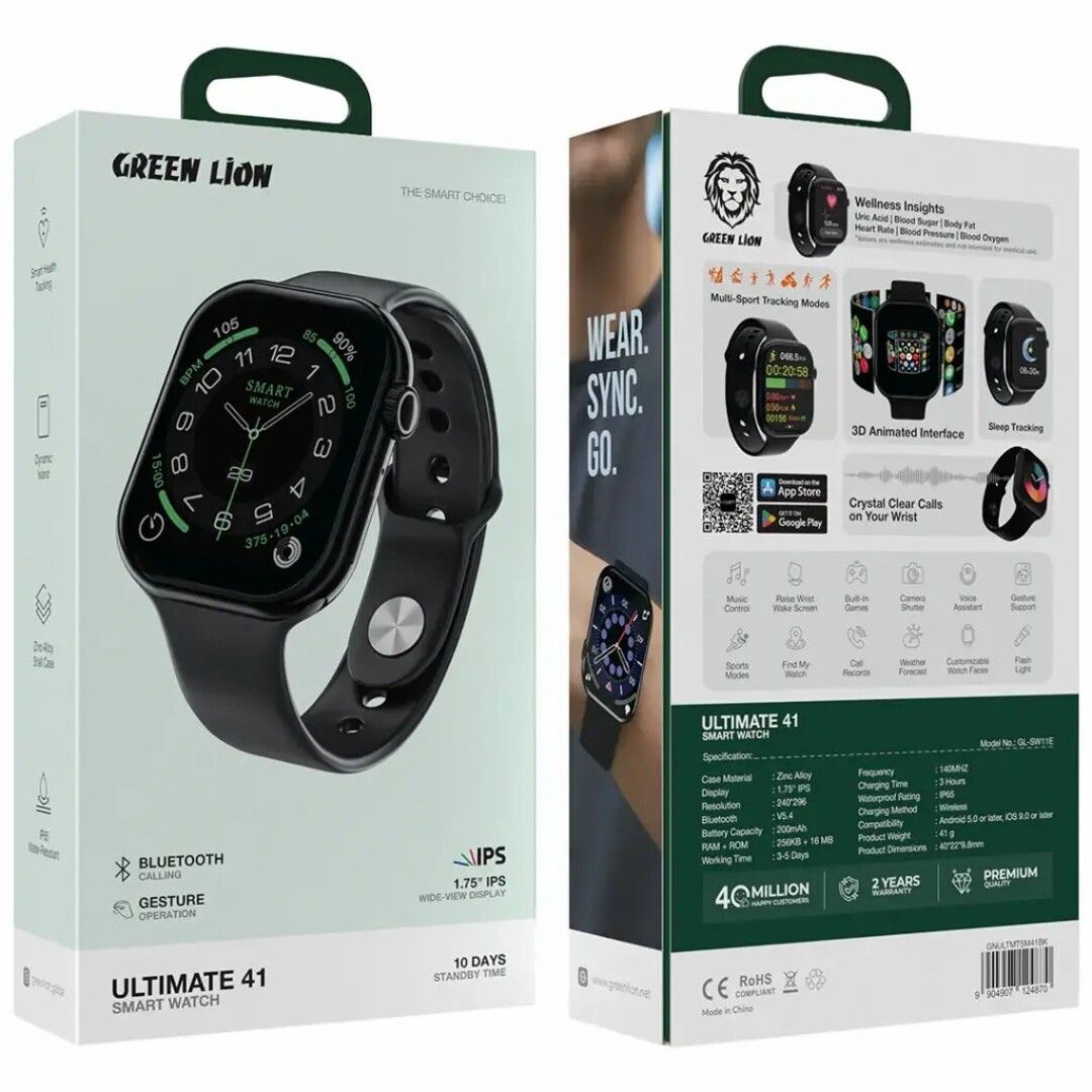 Green Lion Ultimate 41 Smart Watch, Black, RAM 256KB, 16MB ROM