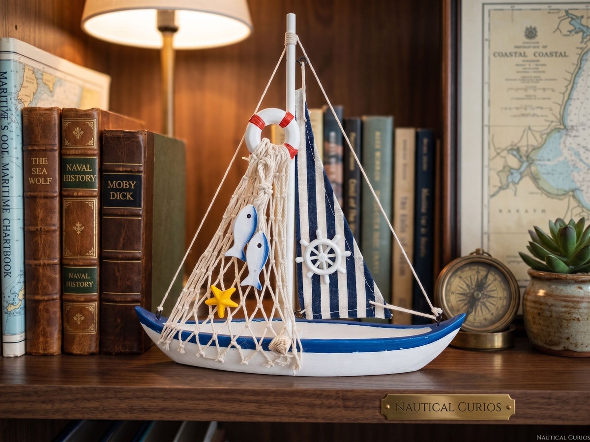 Handcrafted Wooden Model Sailboat – White & Navy Coastal Home Decor Display