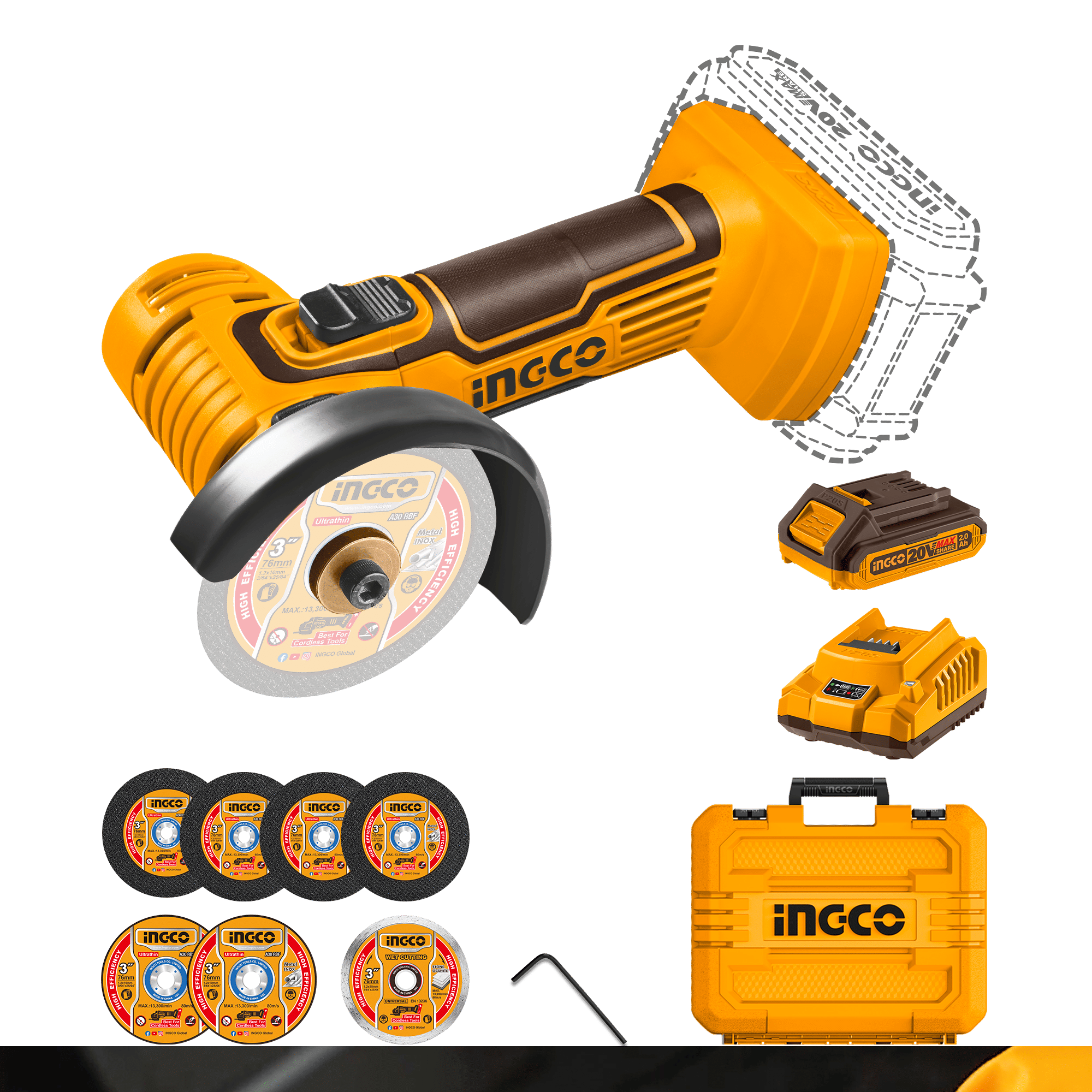 INGCO 20V Cordless Mini Cut-Off Tool Kit, 76 mm 3″ Discs, 19,500 RPM, 2.0Ah Battery, Charger & Carry Case