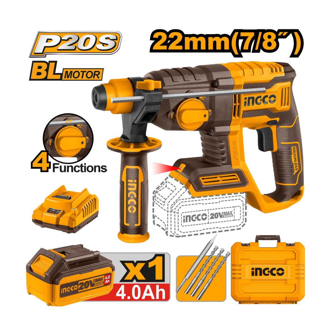 INGCO 20V Brushless Cordless Rotary Hammer Kit, 2.0 J, SDS-Plus, 4.0Ah Battery, Bits & Chisel, Carry Case