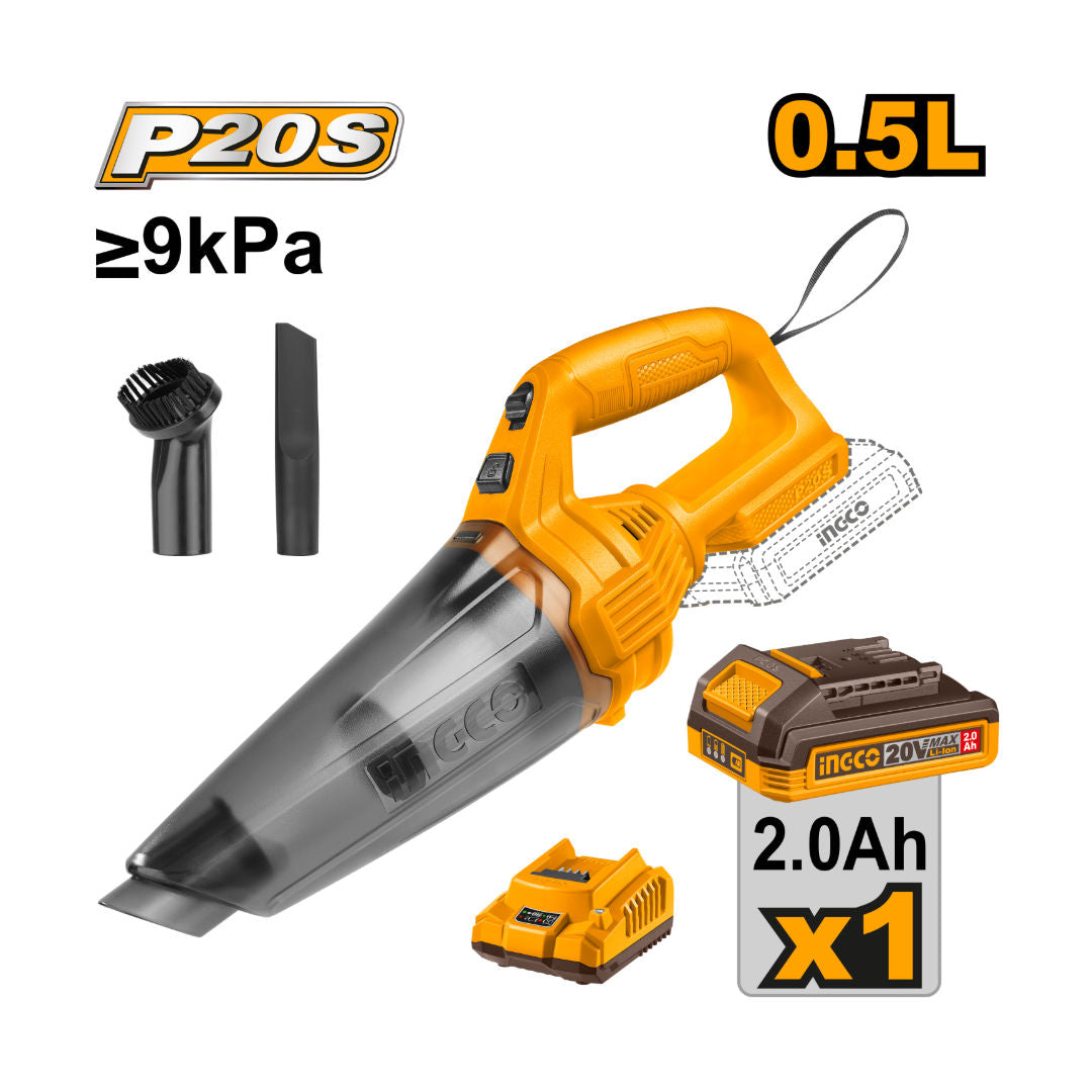 INGCO Cordless Vacuum Cleaner, 0.5l Dust Capacity, 9kpa