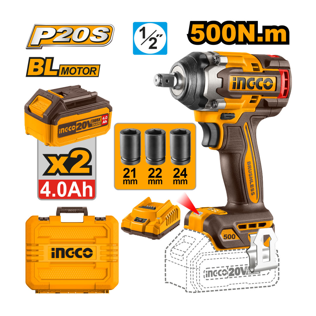 INGCO Cordless Impact Wrench, 20V, Brushless Motor, Integrated LED Work Light