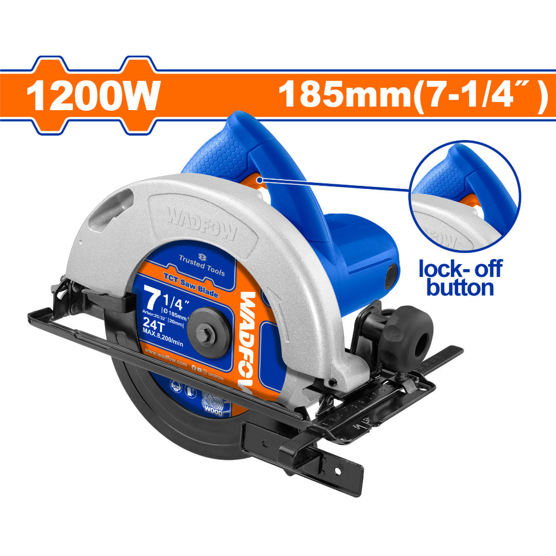 WADFOW Circular Saw 1200W, 185mm Blade, Adjustable Depth & Bevel Cutting, High-Speed Motor