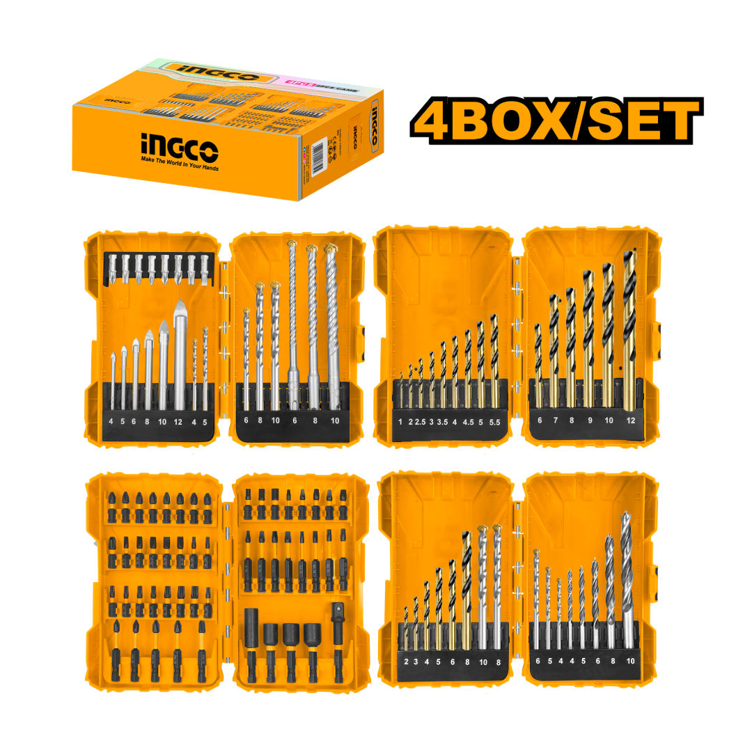 INGCO 4-Box Drill & Bit Accessory Set, HSS, Masonry, Wood, Glass & Impact Bits with Nut Set