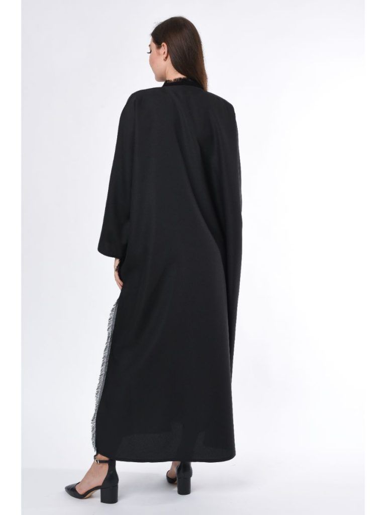 MOiSTREET Black Abaya with Button Highlight and Fringe Detail