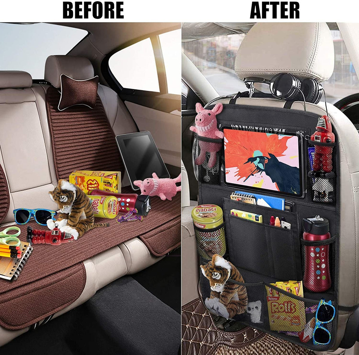 2 Pack Car Back Seat Organizer Seat Back Protectors Storage Bag Kids Kick Mat