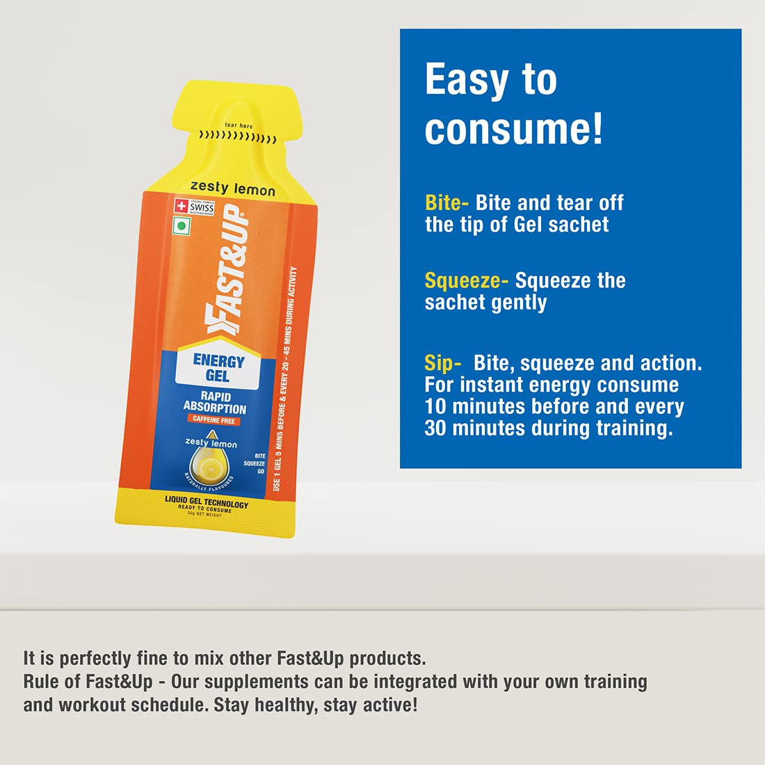 جل الطاقة Fast&up - طاقة فورية + كافيين (عبوة من 5 قطع) - بنكهة الليمون والليمون الحامض