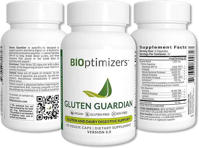 مجموعة BiOptimizers الكاملة لصحة الأمعاء - تخفيف الانتفاخ وتحقيق التوازن الهضمي - P3-OM، Gluten Guardian، MassZymes (270 كبسولة)