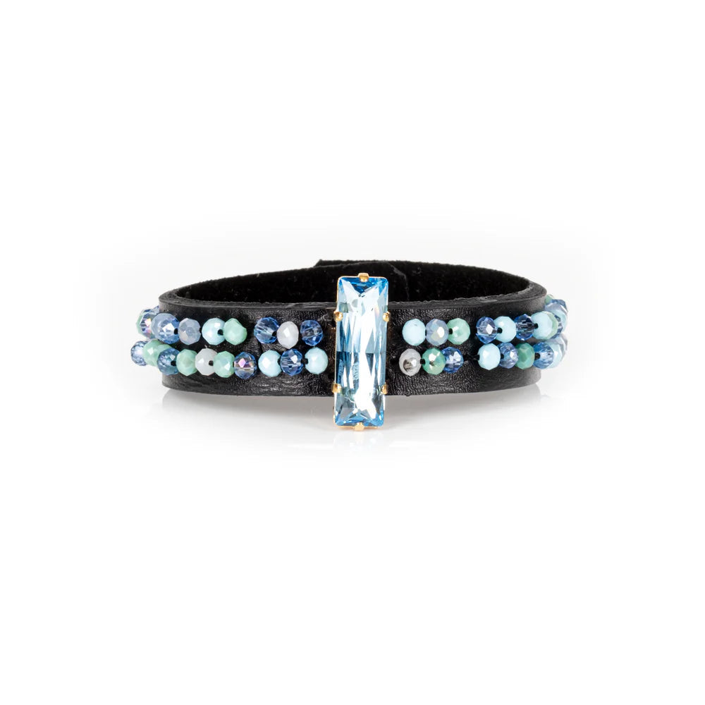 The Dark Azure Crystal Beaded Leather Cuff Bracelet