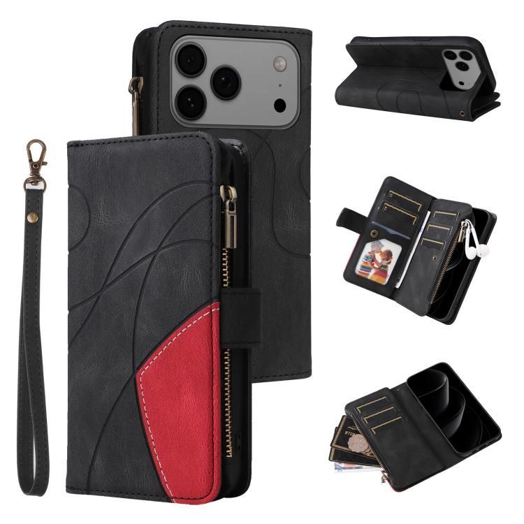 For iPhone 18 Pro Max / iPhone 17 Pro Max Dual-color 9 Card Slots Zipper Wallet Leather Phone Case