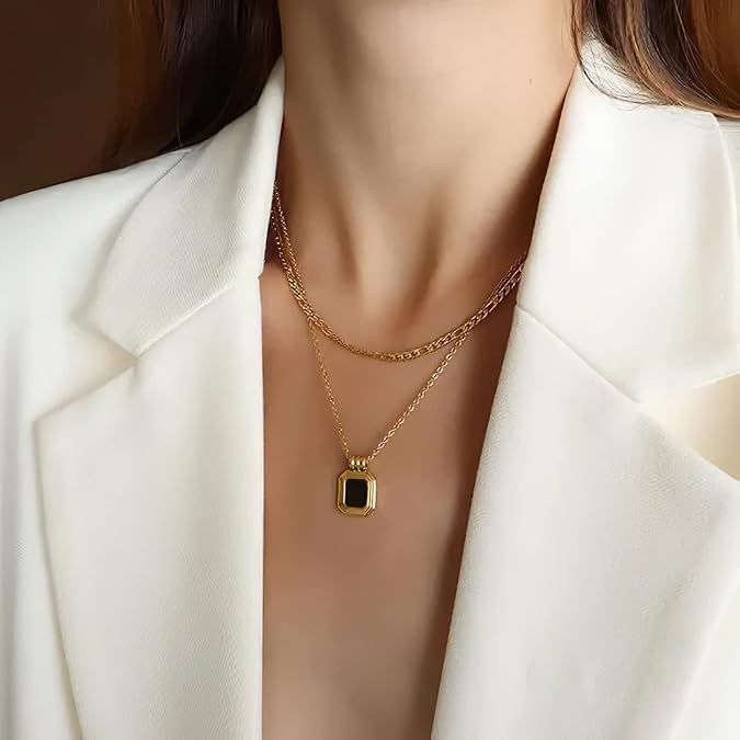 Women Layered Choker Necklace Chain Jewelry With Square Pendant