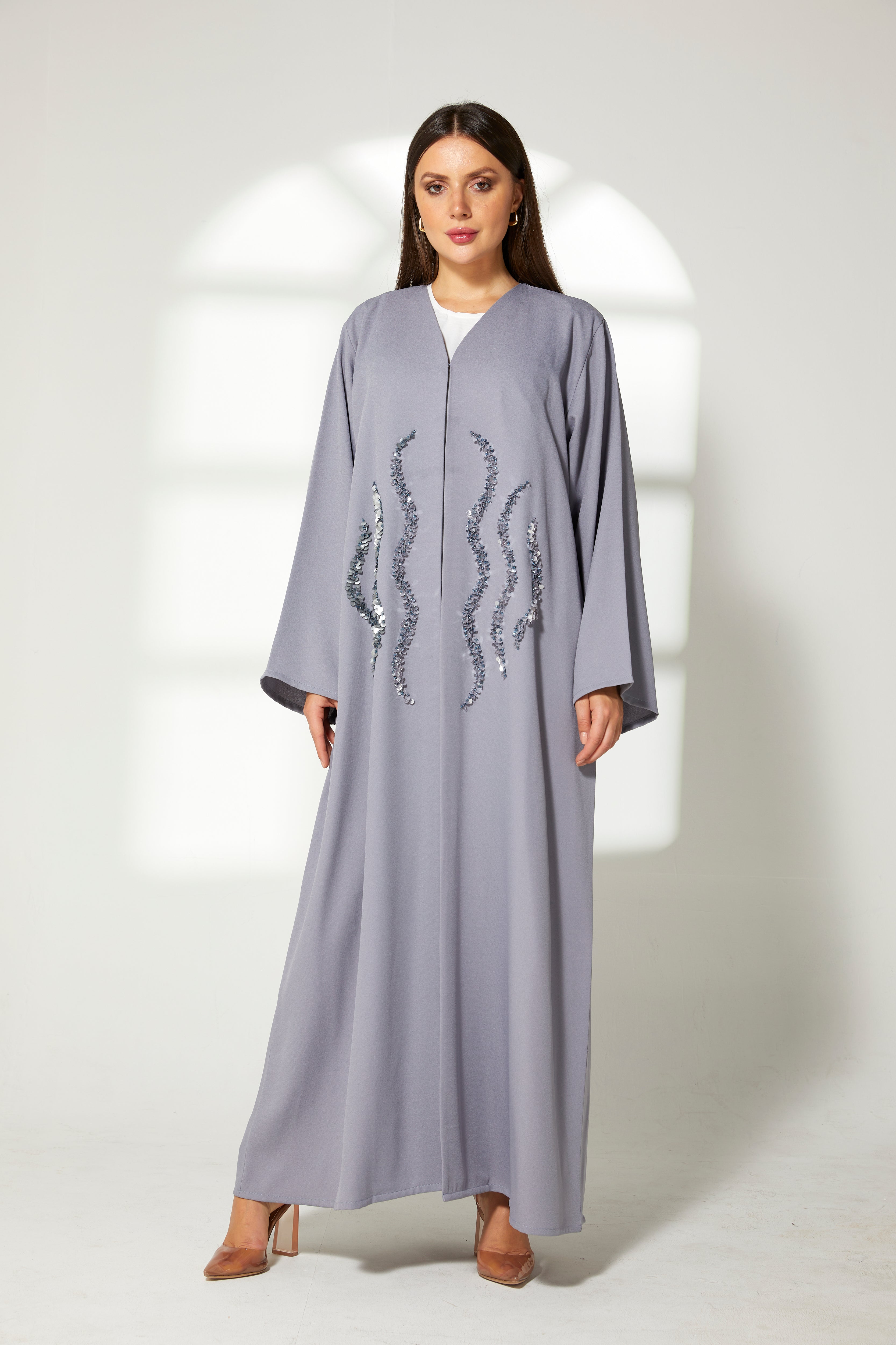 MOiSTREET Grey Korean Crepe Embroidery Abaya