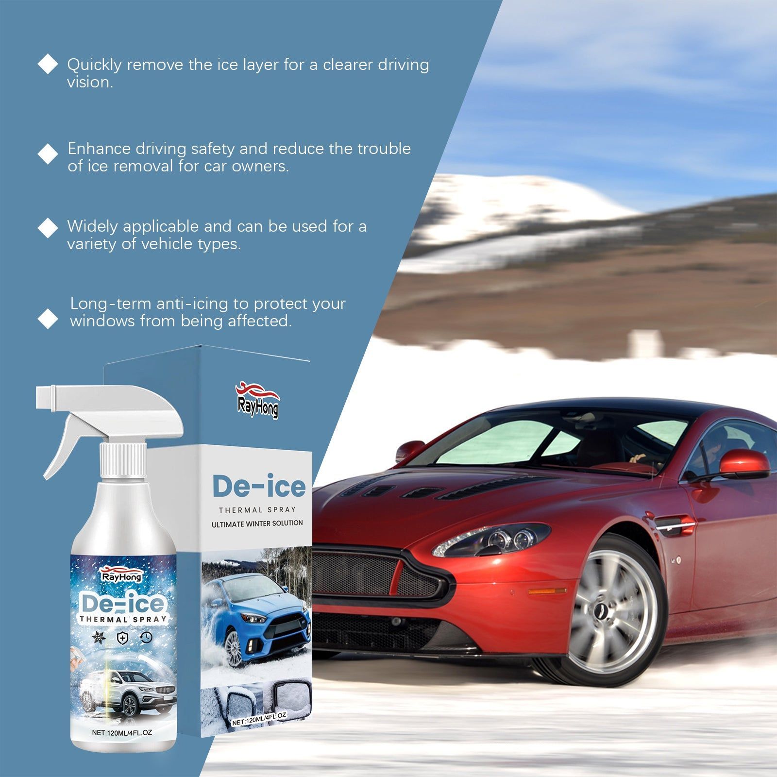Car Deicing Spray, Fast Snow & Ice Removal, Car Cleaning Solution ,120ml