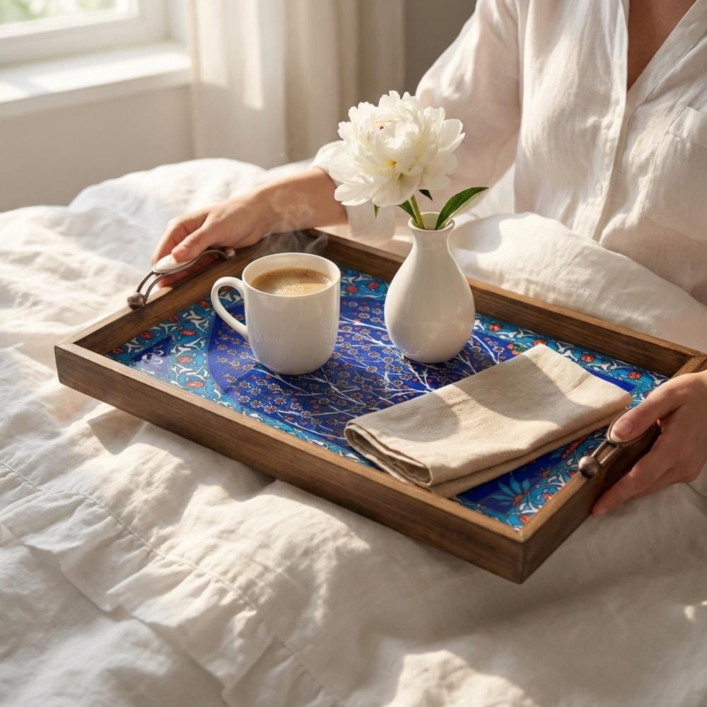 Blue Ceramic Tile Coffee Table Tray, Iznik Style Wooden Serving Tray