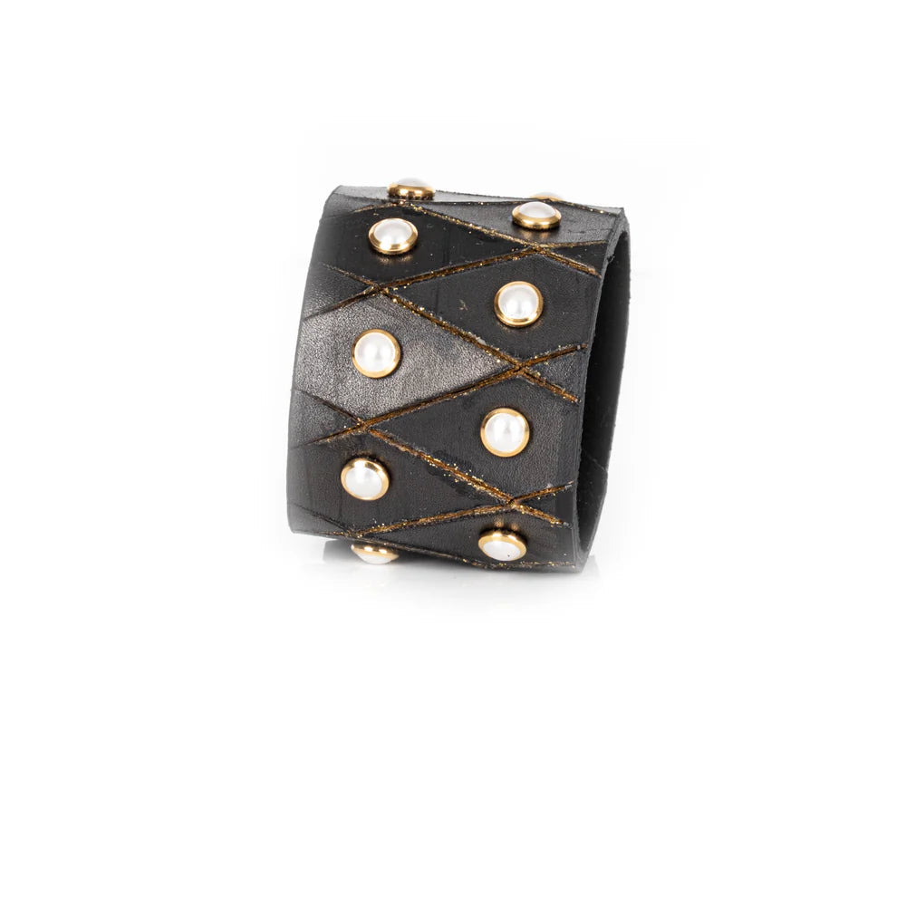 The Dark Black Leather Geometric Studded Cuff Bracelet with Pearl Accents