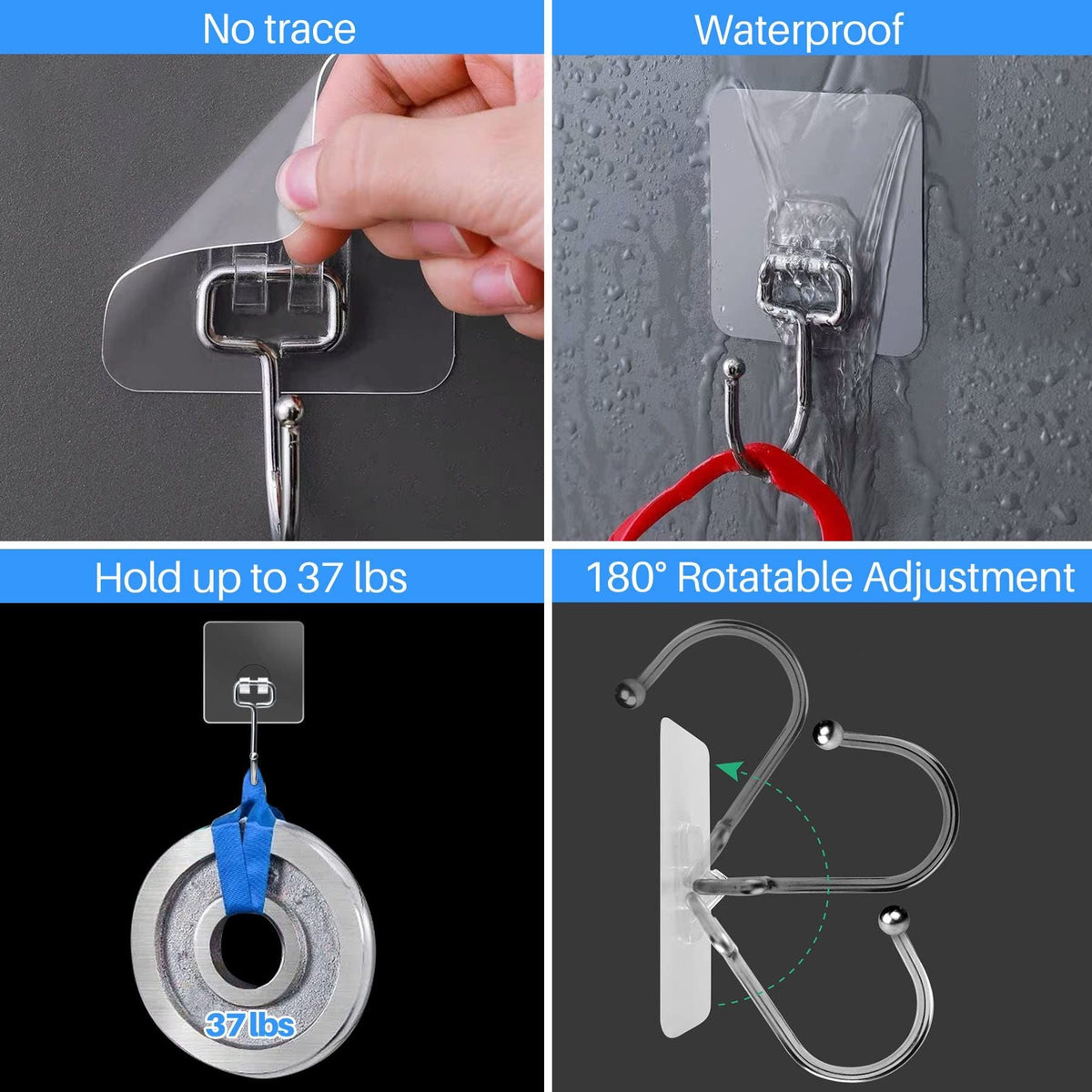 20pcs Nail Free Wall Hook Waterproof Strong No Trace Self Adhesive Hanging Hook