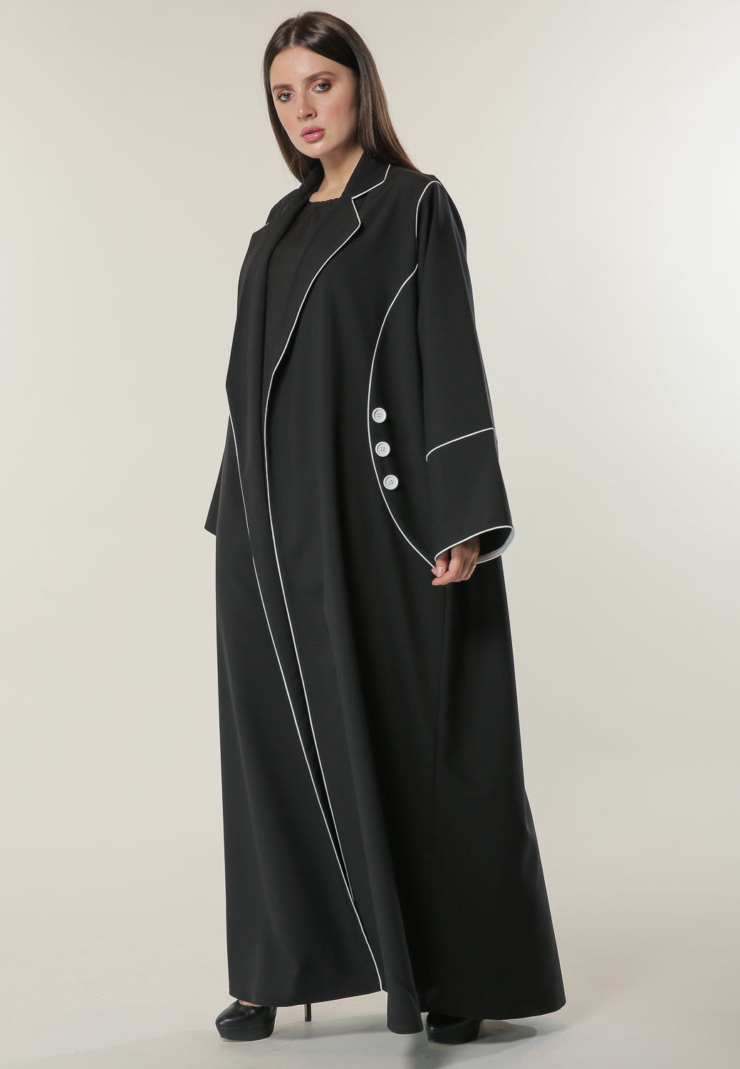 MOiSTREET Black Abaya with white Pipin and Buttons detailing