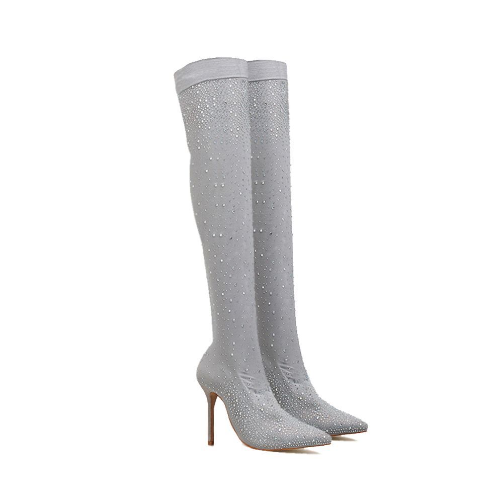 Crystal Fabric Over-the-Knee Pointed Toe 11cm Heel Boots for Women