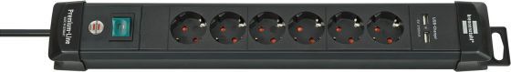 BRENNENSTUHL 1951160601 مقبس تمديد Premium-Line مع شاحن USB 6 طرق أسود 3 م H05VV-F 3G1.5