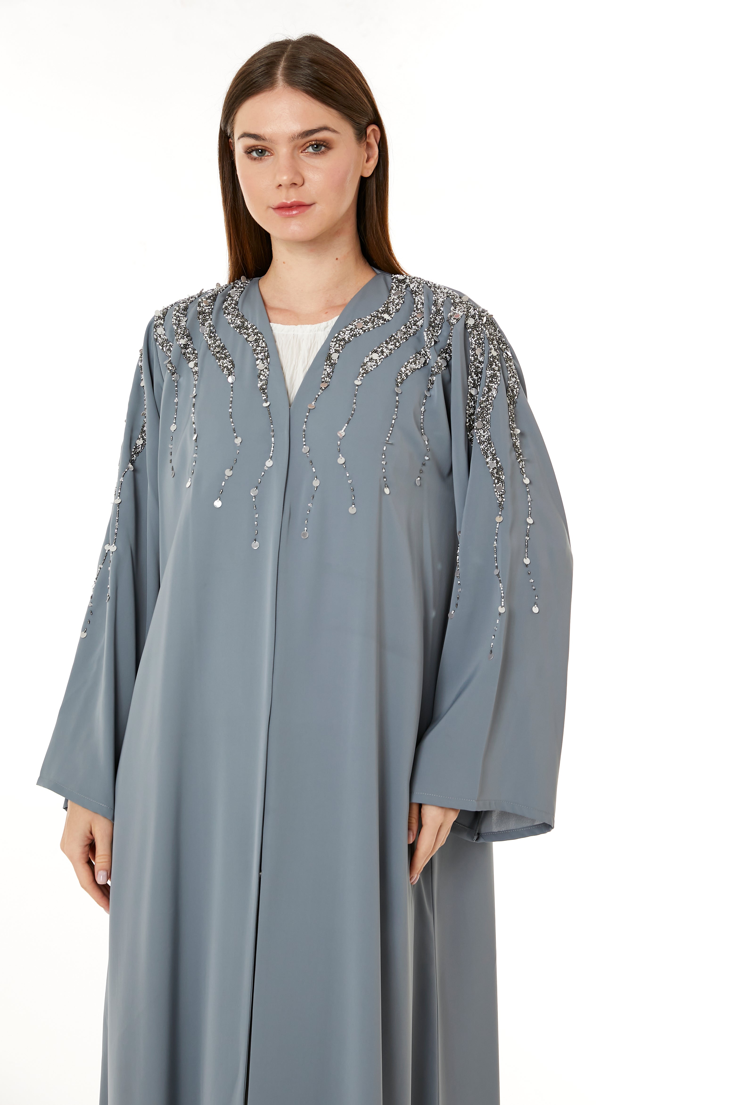 Grey Korean Nida Hand Embellished Abaya
