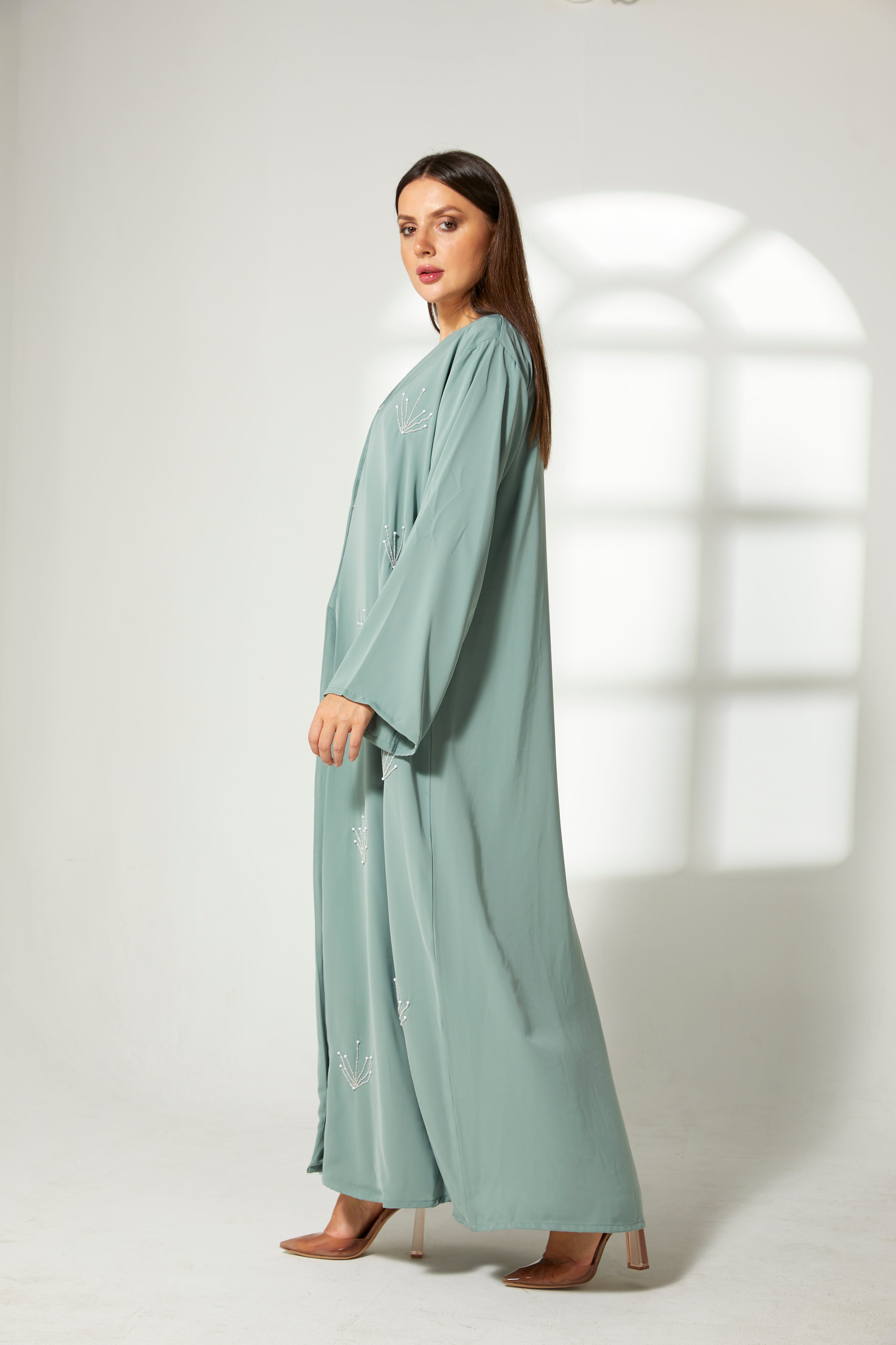 MOiSTREET Sea Green Korean Nida Embroidery Abaya