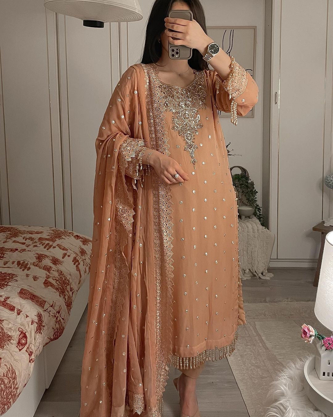 Designer Top Bottom & Dupatta With Pal Moti Hand Work