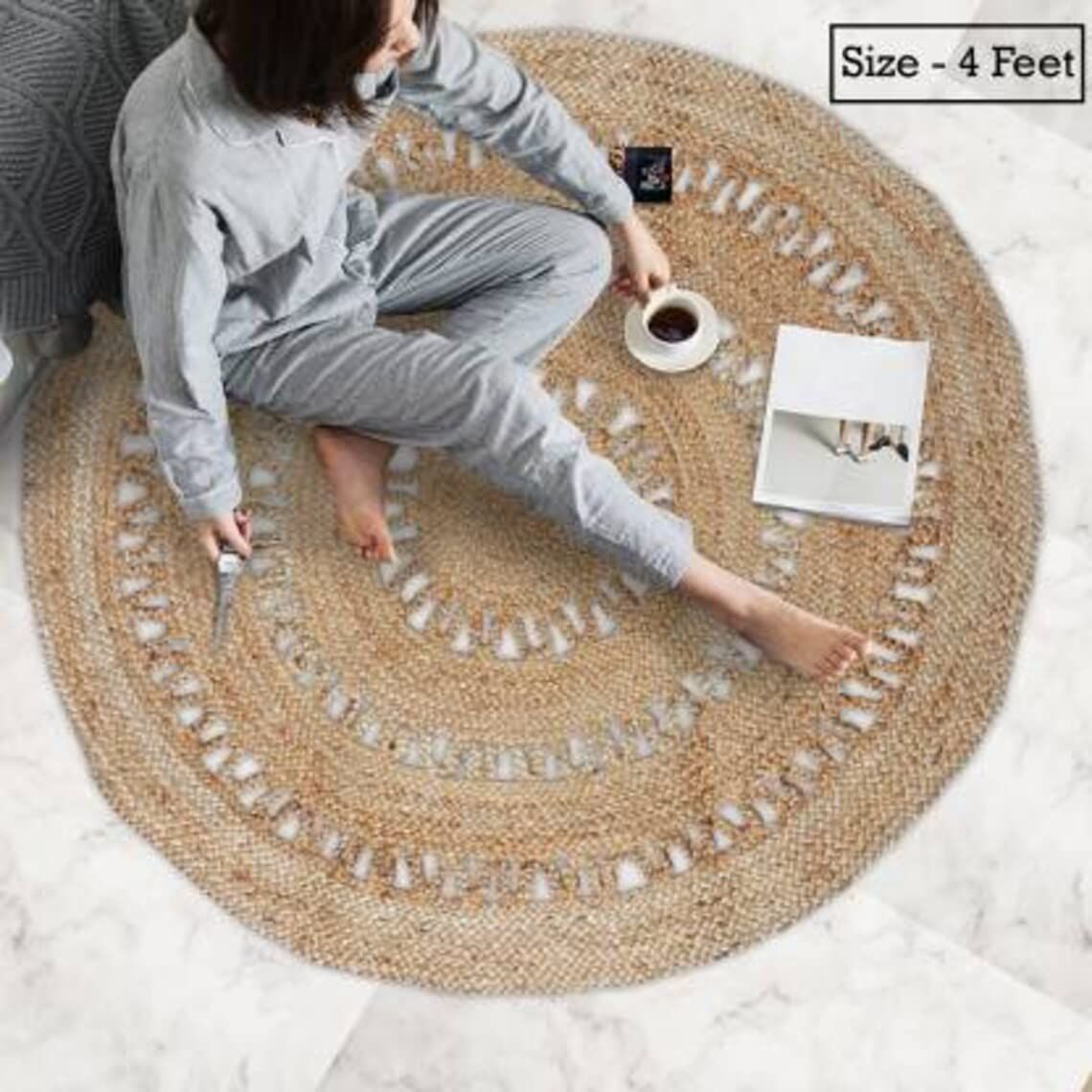 AIESY®  Beautiful Handwoven Round Jute Flower Rug
