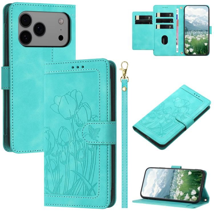 For iPhone 18 Pro Max / iPhone 17 Pro Max Tulips Embossed Leather Phone Case with Lanyard
