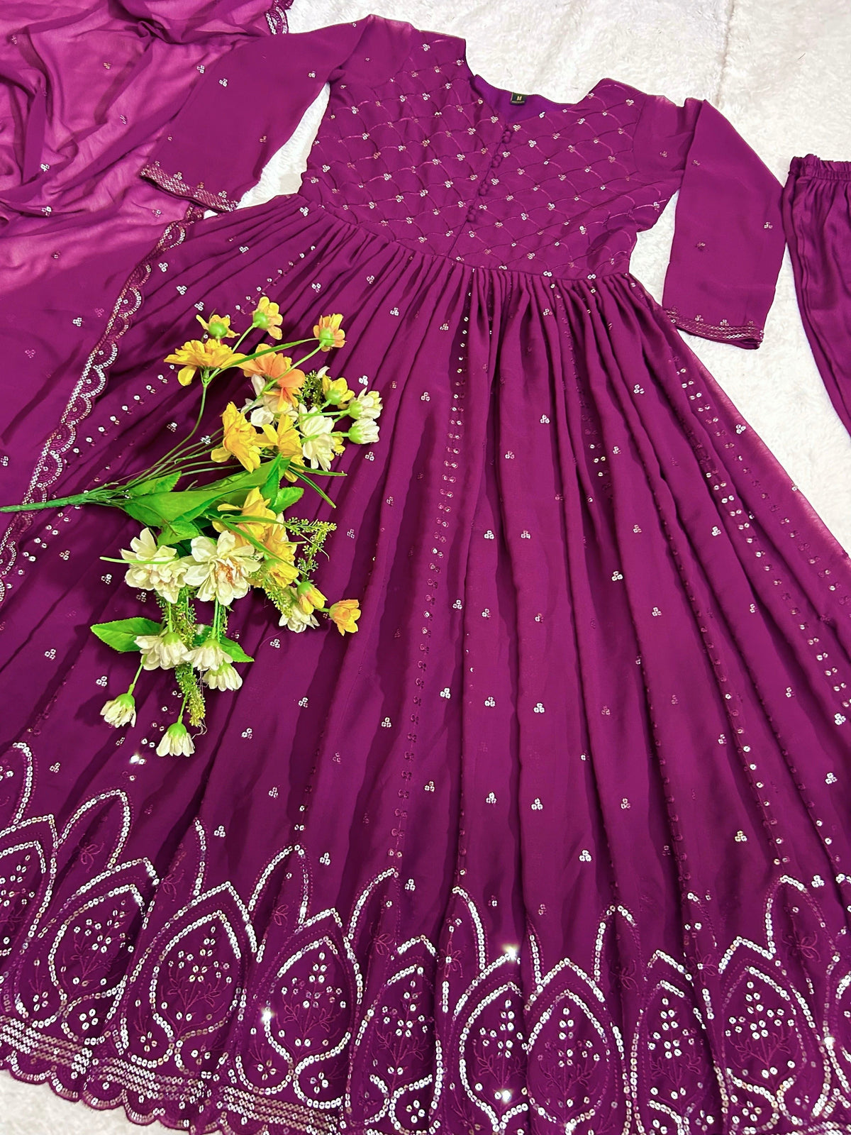 Fab Zone Fox Georgette Anarkali Gown with Silver Sequin Embroidery and Dupatta For Women