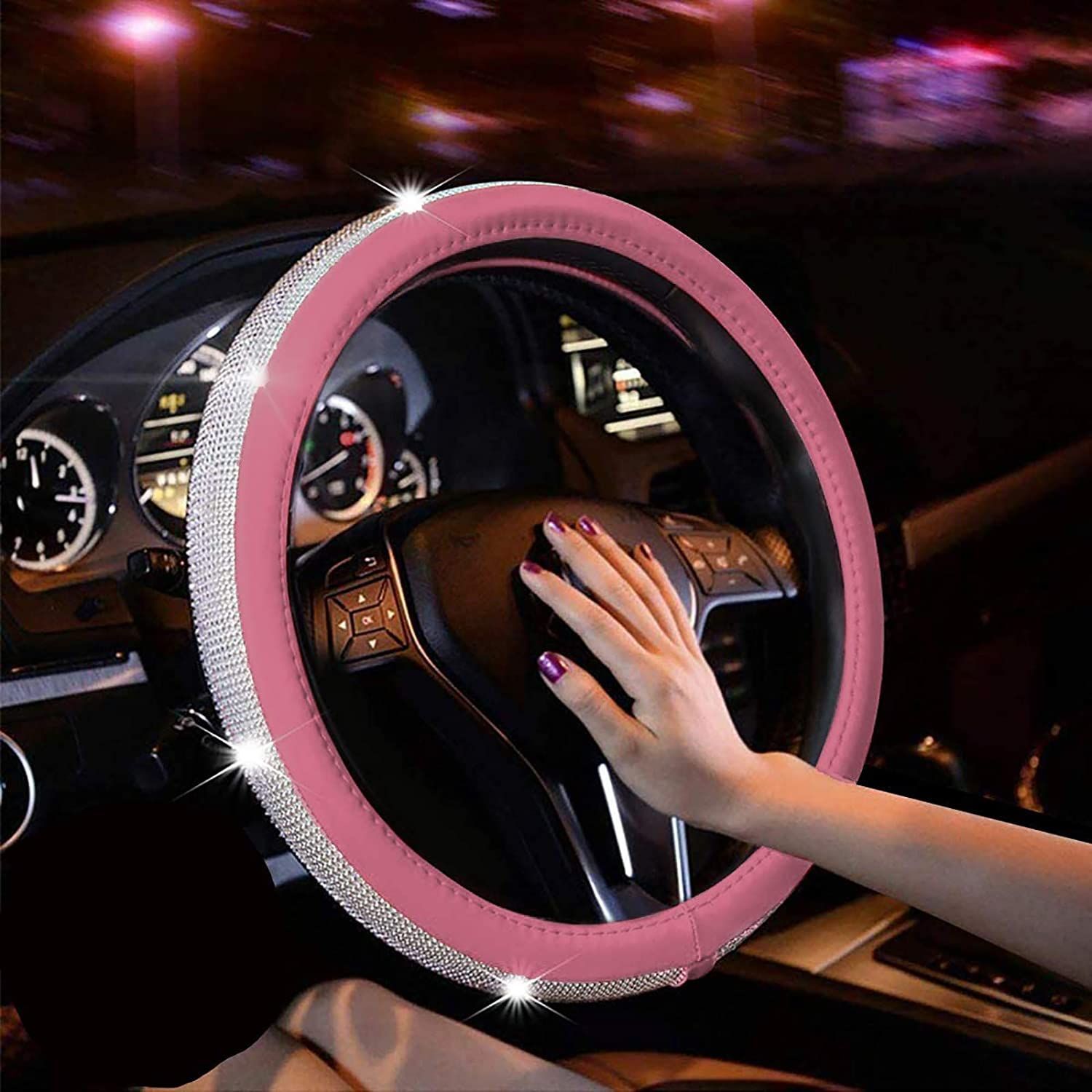 PU Leather Steering Wheel Cover Protector with Bling Crystal Rhinestones for 15 Inch