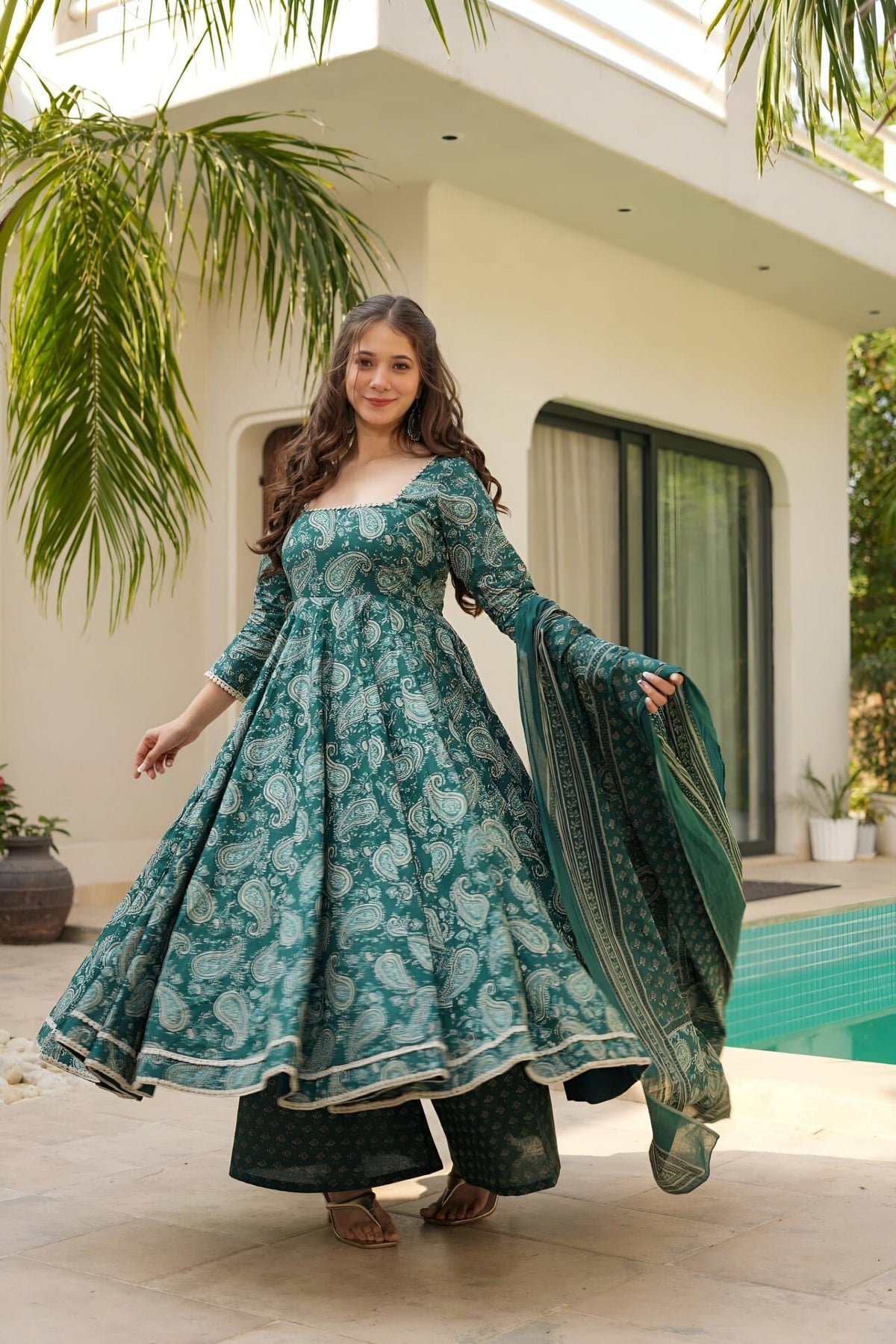 Fab Zone Party Wear Designer Anarkali Suit Set With Digital Print For Women