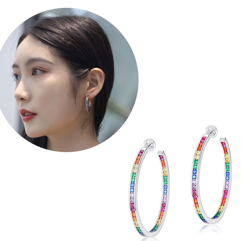 Platinum Hoop Earrings 925 Silver Woman Round Color Zircon Ear Rings Fine Jewely