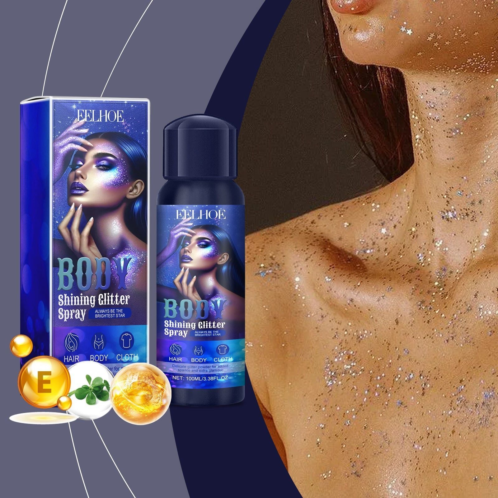 Brighten Glitter Spray, Long Lasting Shimmer, Makeup & Body Highlight, Moisturizing, Trendy Glam ,100ml
