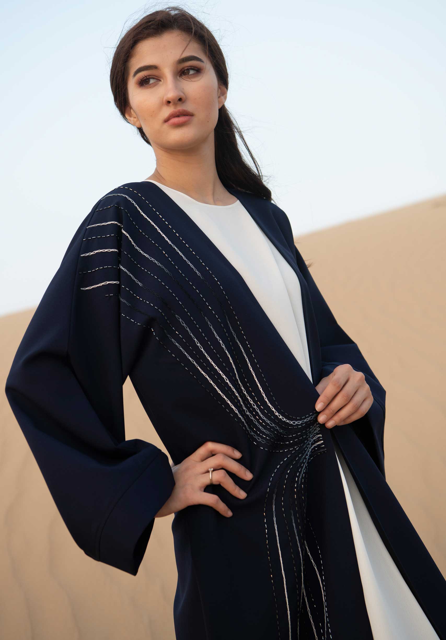 MOiSTREET Navy Open Abaya With Hand Embroidery
