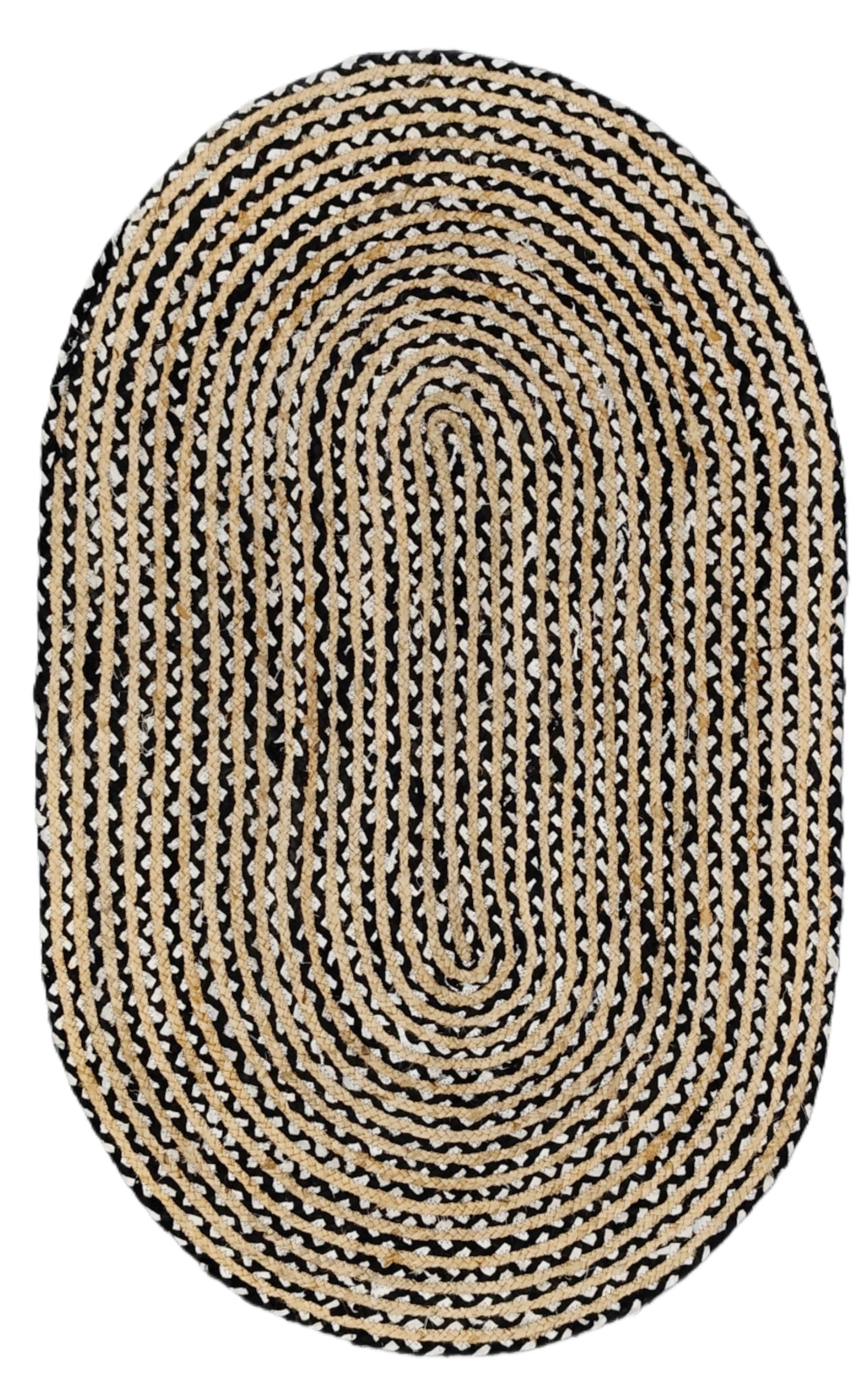 Handcrafted Black & White Oval Braided Cotton Rug | Minimalist Reversible Area Rug
