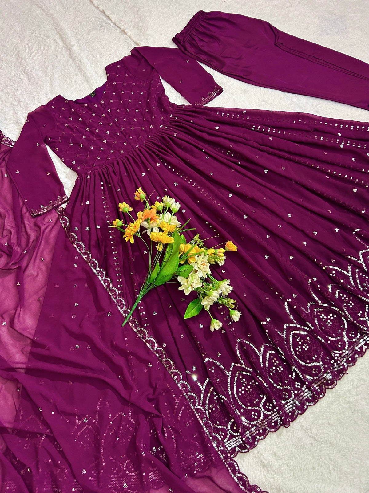 Fab Zone Fox Georgette Anarkali Gown with Silver Sequin Embroidery and Dupatta For Women