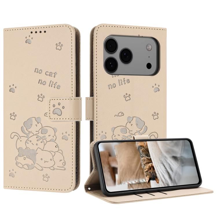 For iPhone 18 Pro Max / iPhone 17 Pro Max Embossed Kitten Phone Leather Case with Lanyard