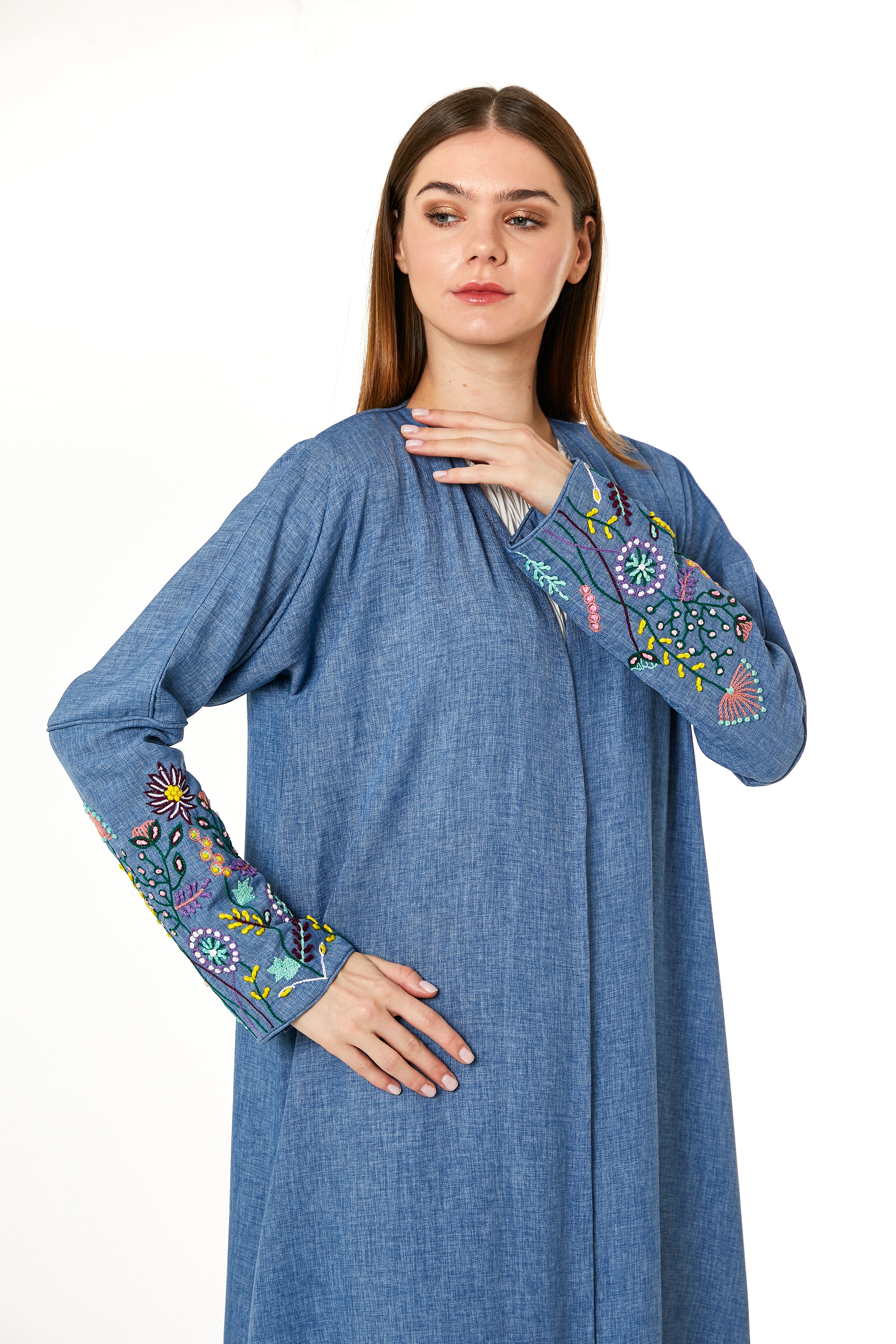 MOiSTREET Blue CEY Melange Embroidered Abaya Narrow Sleeves